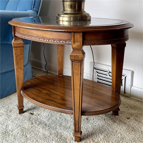 Glass Topped Wooden Oval End Table - 20 x 20 x 27"L
