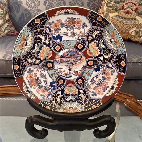 Lotus Arts Hand Painted Porcelain Chinoiserie Plate on Stand - 16.5", Large!