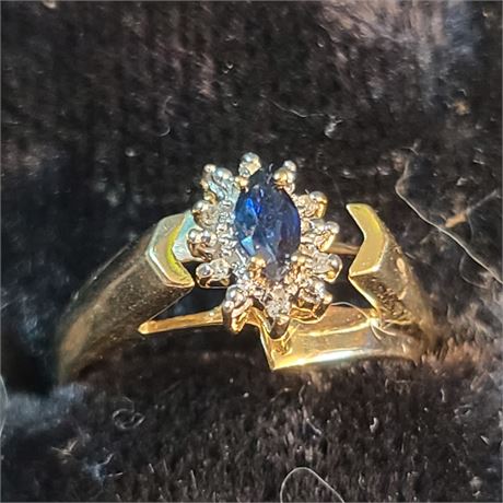 10K Blue Sapphire & Diamond Chip Ring Sz 6.5 - 1.9 dwt