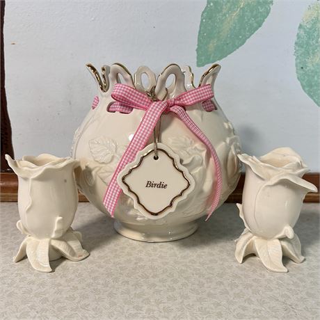 Lenox Cherished Rose Bowl Vase and Candleholders