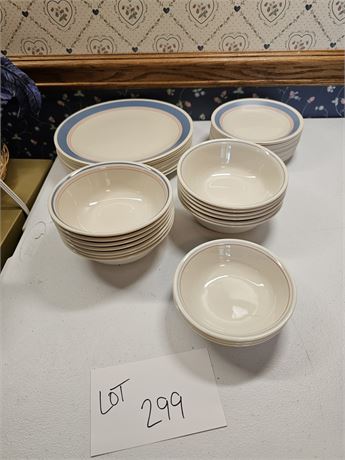 Corelle Pastel Blue & Pink Ring Dinner Plates / Saucers & Bowls