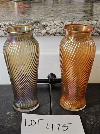 Vintage Marigold & Smokey Topaz Color Carnival Glass Swirl Vases