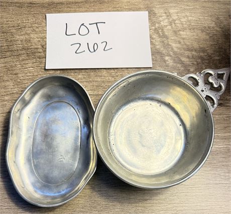 ORSO GENEVE Antique Handcrafted Pewter Tray / Antique Pewter Porringer Bowl