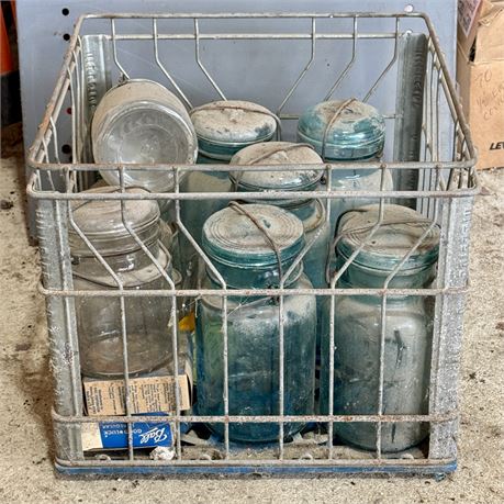 Hillside Dairy Crate Filled with Old Mason Jars