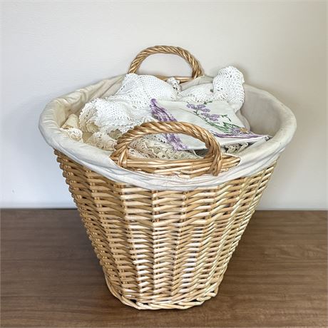 Wicker Basket Filled with Unsorted Vintage Linens