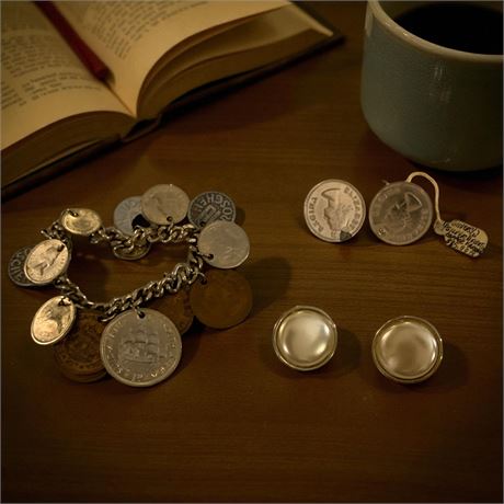 Queen Elizabeth I Canadian Coin Clip On Earrings, Vintage Coin Charm Bracelet