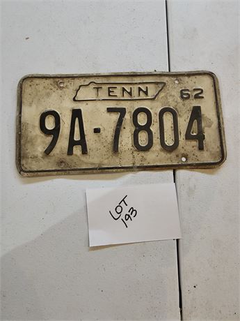 Vintage 1962 Tennessee License Plate