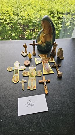 Mixed Religious Lot: Mother Mary Chalkware Bust, Praying Hands, Crosses & More