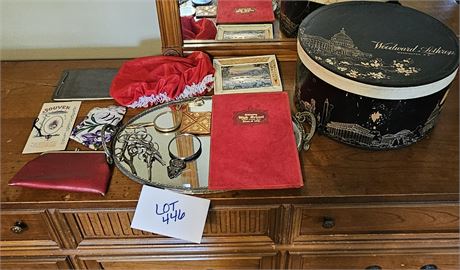 Ladies Vanity Collectibles: Hat Box, Dresser Tray, Scissors & More