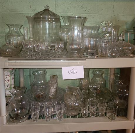 Large Lot Of Mixed Clear Glass Platters, Vases, Juice Glasses, Bowls & More