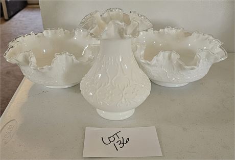 Vintage Fenton Spanish Lace Silver Crest Serving Bowls & Vase