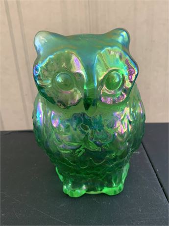 Fenton for Levay Carnival Glass Owl Figurine In Iridescent Green & Purple Color