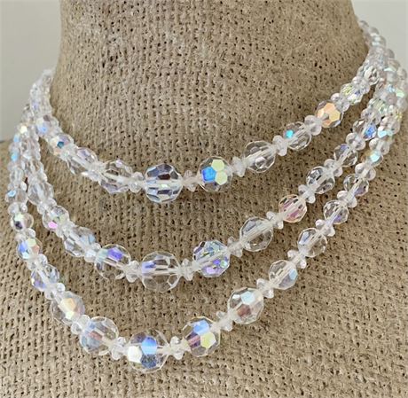 Circa 1930's Triple Strand Aurora Borealis Faceted Glass Crystal Beaded Necklace