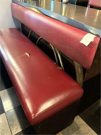 Red Vinyl Restaurant Bench W/Wood Base & Brass Back