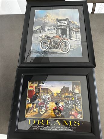 Motorcycle art framed, one signed