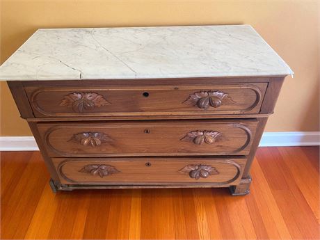 Antique Marble Top Chest of Drawers With Leaf Shaped Handles - 3 Drawers