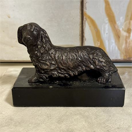 Vintage Long Haired Dachshund Bronze Statue on Stone Base - 6.5L x 3.5W