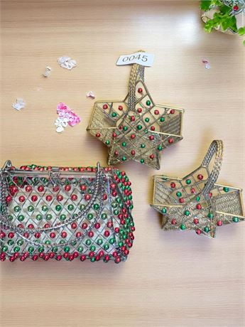 Gold Wire & Bead Christmas Holiday Baskets - Stars and Purse