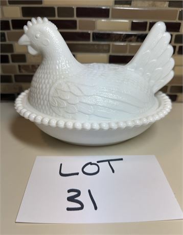 Vintage Indiana White Milk Glass Hen on Nest Covered Dish