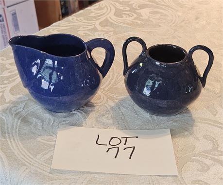 Cobalt Blue Glaze Pottery Creamer & Sugar Signed Claire Miller 1938