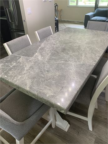 White Farmhouse Gray and White Marble Top Dining Table with 6 Dining Chairs