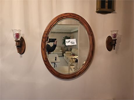 Wood & Beveled Oval Mirror with Matching Sconces