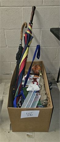 Misc Mixed Box Lot- Umbrellas, Office, Toys & More