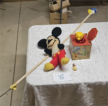 Disney Lot- Plush Mickey, Donald Duck Sprinkler & Winnie The Pooh Jack-In-Box