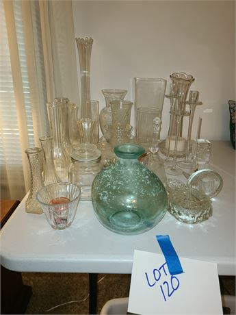 Clear Glass Decor Lot: Candlesticks / Vases & More