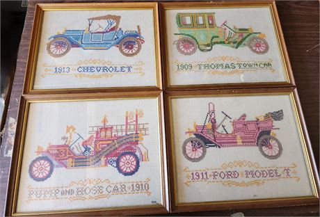 Cross Stitch Vintage Cars Framed-Handmade Set of 4