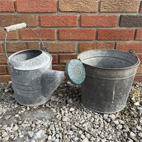 Galvanized Bucket and Watering Can