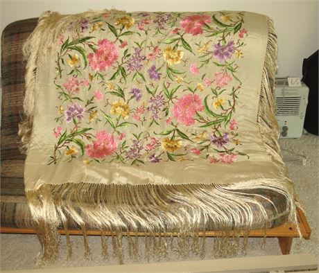 Vintage Hand Embroidered Silk Shaw