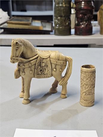 Italian Carved Horse Figurine & Carved Bone Floral Tube