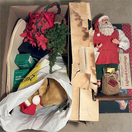 Great Mixed Christmas Lot with Lighted Sign, Paper Mache Style Santa and More!