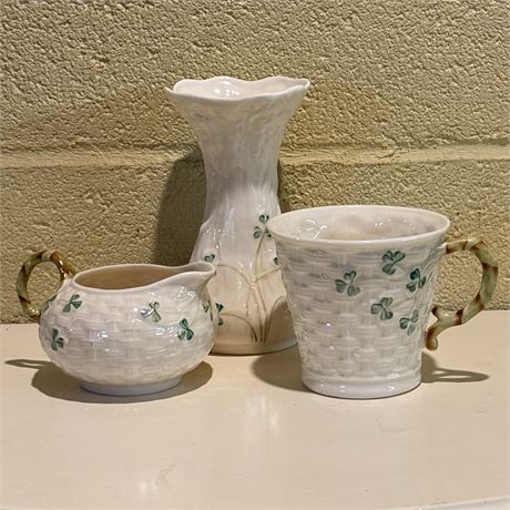 Belleek Ireland Vase (5"T), Creamer Dish and Mug