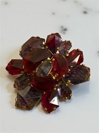 Signed Austria Starburst Red & Lavendar Glass Cluster Stone Brooch