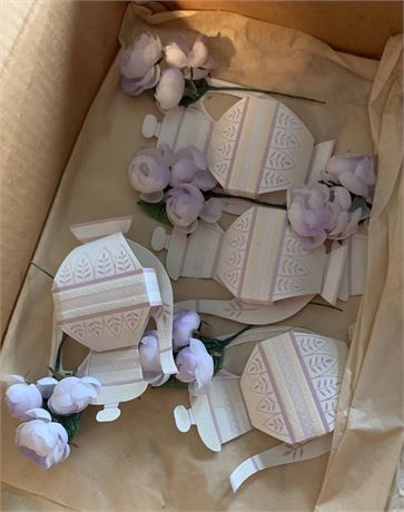 Purple/White Faux Flower & Cardstock Teapot & Birthday Cake Party Favors
