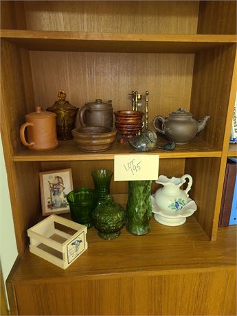 Mixed Decor Lot: Mixed Teapots/Brass Sand Hourglass/Amber & Green Glass & More