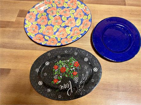 Cobalt Blue Glass Charger Plate, Hand Painted Elysée Germany Ceramic Platter
