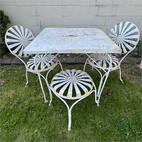 Mid-Century Metal Patio Table with Two Chairs and Matching Stool