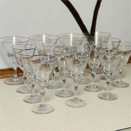 Fostoria Engagement Platinum Rim Dessert Liqueur (11) & Martini Glasses (4)