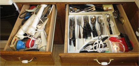 2 kitchen Drawers Cleanout: Flatware, Utensils, Etc