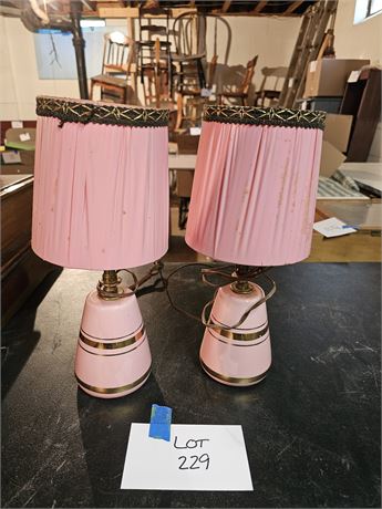 MCM Pink & Gold Band Night Stand Lamps with Fabric Shades