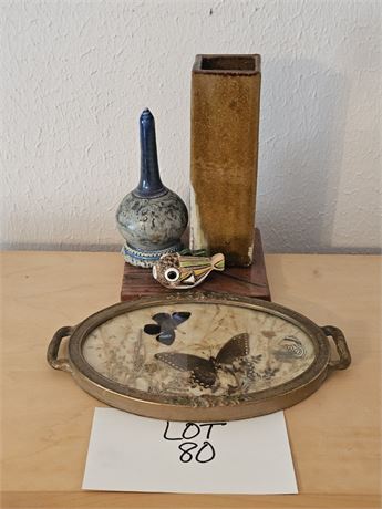 Handmade Pottery Blue Ring Holder, MCM Brown Glaze Vase & Taxidermy