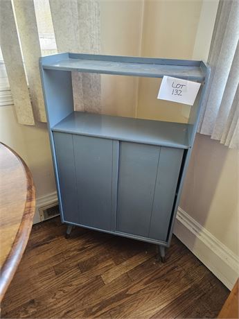 MCM Blue Painted Storage Cabinet With Sliding Doors And Taper Legs