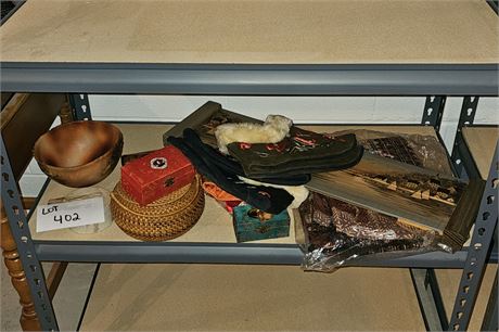 Mixed Travel Lot Woven Basket, Art, Indian Slippers & Much More