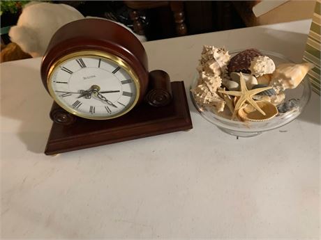 Wood Bulova Mantel Clock & Bowl Of Seashells And A Starfish