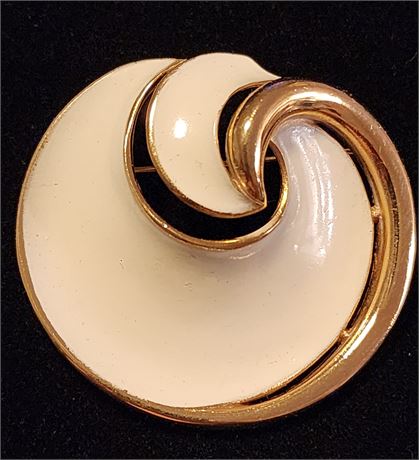 Trifari White Enamel Modern Swirl Brooch