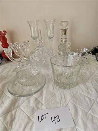 Mixed Clear Glass Lot: Candle Holders / Decanter / Covered Candy & More