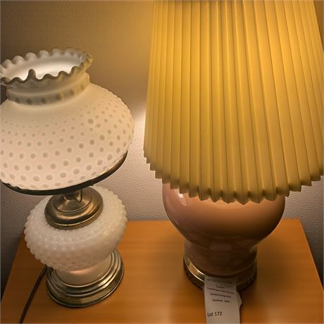 Vintage White Hobnail Milk Glass Hurricane Lamp & Art Deco Ginger Jar Lamp